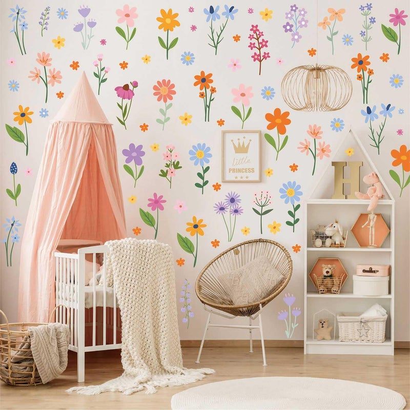 CharmFlo Wild Flower Wall Decals - Peel and Stick Removable Floral Wall Stickers for Nursery, Bedroom, Living Room Decor (8 Sheets 102 Pcs Wildflower Mural Art, Garden Theme) - Image 1